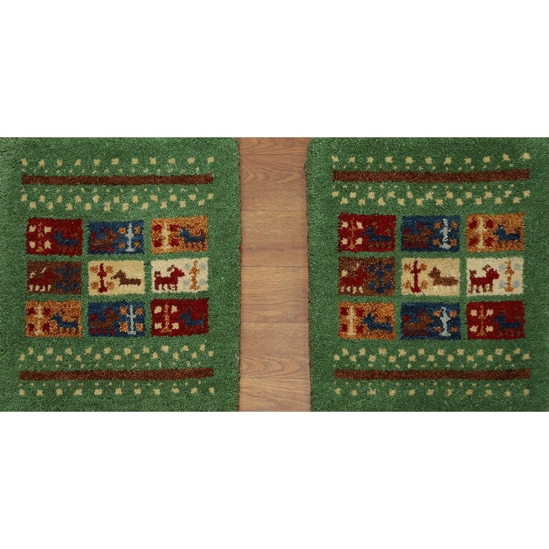 Hand Knotted Oriental 100% Wool Carpet Tribal Animal Pictorial Green Gabbeh Area Rug - 1' 4'' X 1' 4''