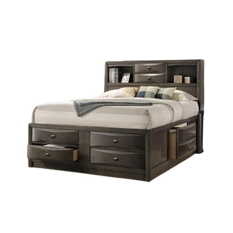 Simo Queen Bed, Bookcase Headboard, Storage Drawers, Gray