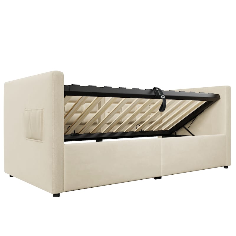 Velvet Tufted Upholstered Daybed Hydraulic Storage Twin Bed Frame with USB & Type-C Charging, Side Pockets and Wooden Slats
