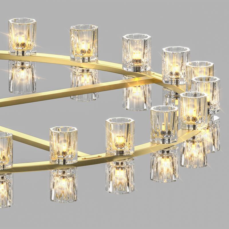48 Inch Gold Wagon Wheel Chandelier with Crystal Shade, 48 Lights, Modern Farmhouse Style, Ideal for Dining Room, Kitchen