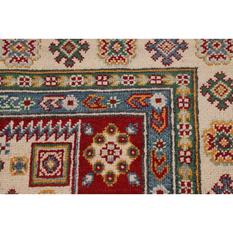 Geometric Red Kazak Area Rug Handmade Oriental Wool Carpet - 4'0" x 6'3"