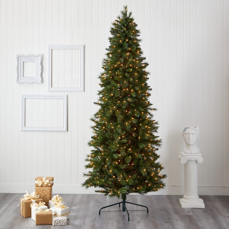 9ft Slim Artificial Christmas Tree with Lights - Pre-Lit Holiday Decor, Realistic Pine Tree for Living Room - Green - 108