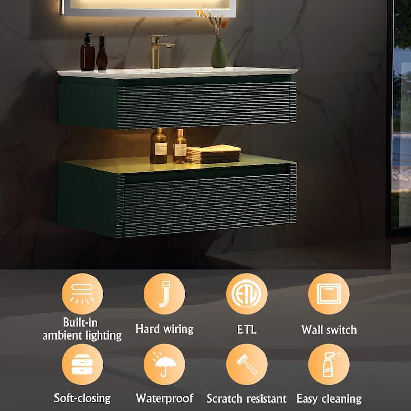 Modland 36/48 Inch LED Floating Vanity with Marble Top & Soft-Close Drawer - Green/White, Wall Drain Ready