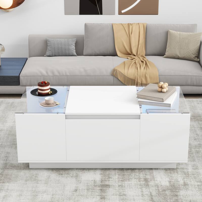 LED Coffee Table with 2 Drawers, Rectangle High Gloss Center Table, Modern Glass Tabletop Storage Table for Living Room