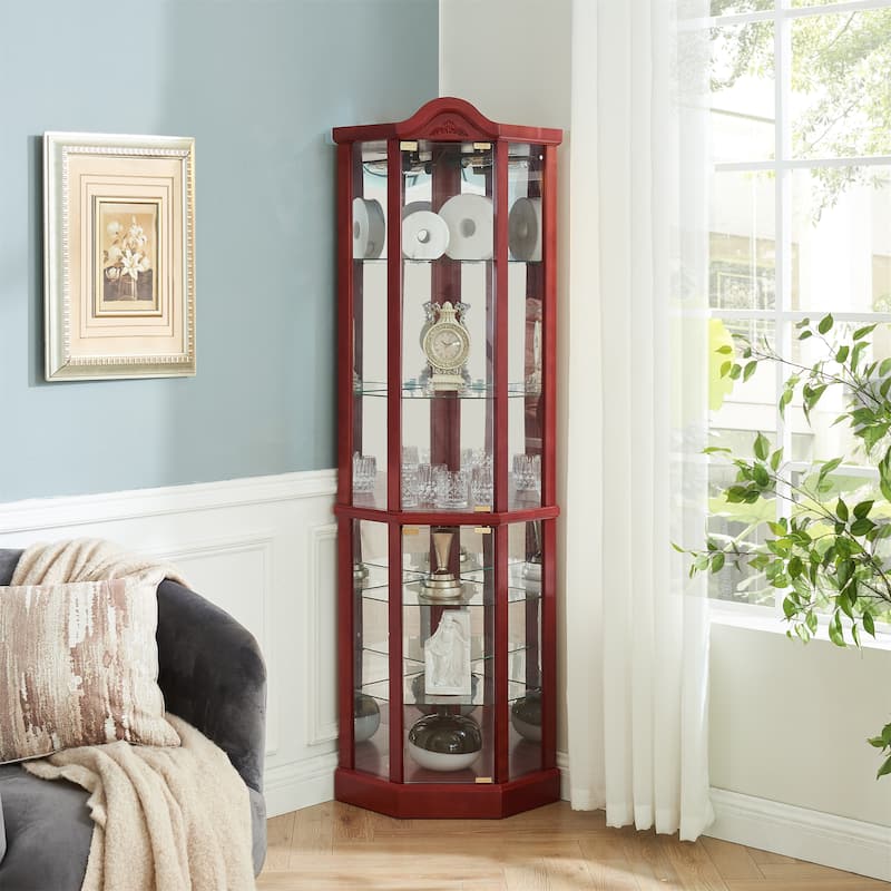Corner Display with Light and Adjustable Glass Shelves - Cherry