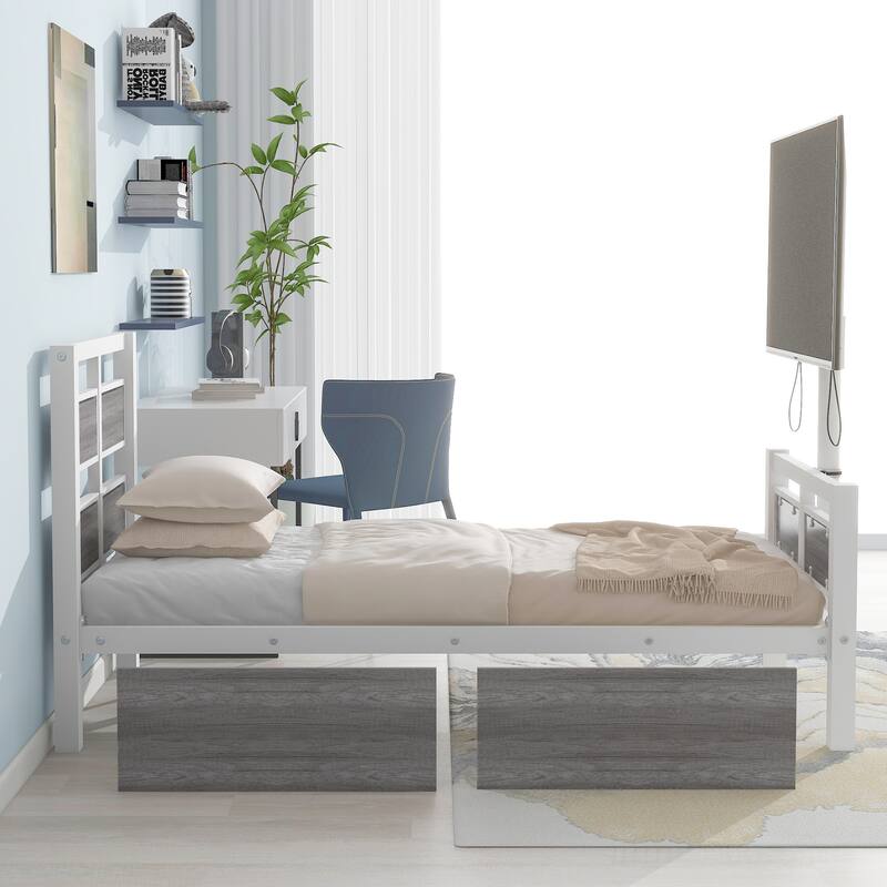 Twin Size Metal Platform Bed with Drawers and Rotatable TV Stand