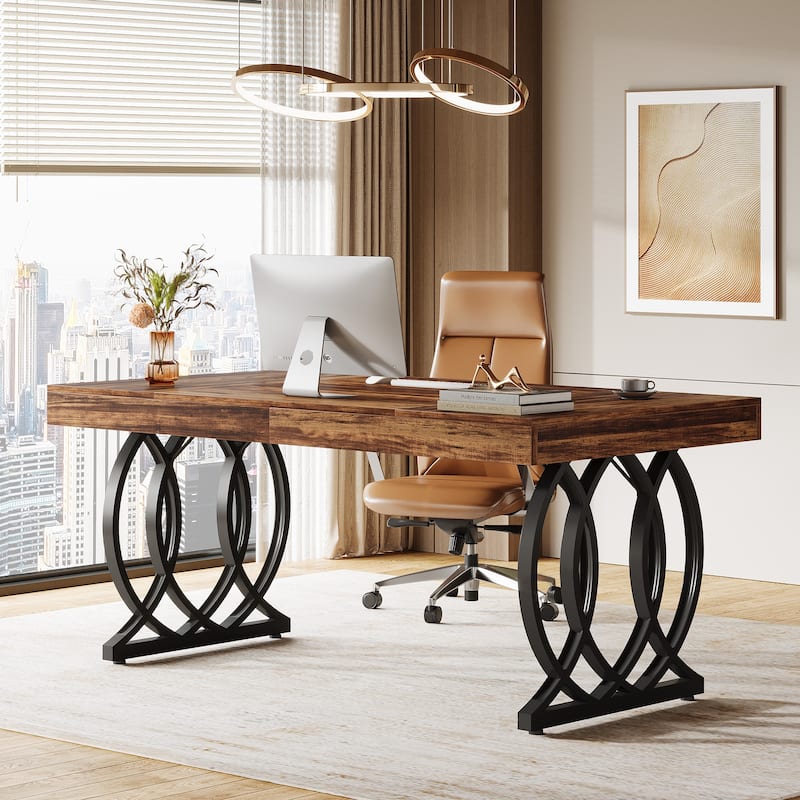 63'' Executive Desk, Modern Office Desk White and Gold Computer Desk - Rustic Brown/ Black