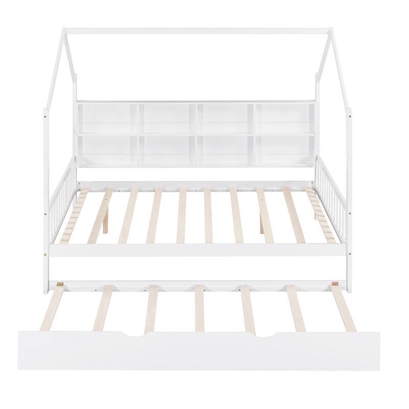 Full Size Wooden House Bed with Trundle and Shelf, Kids Bed