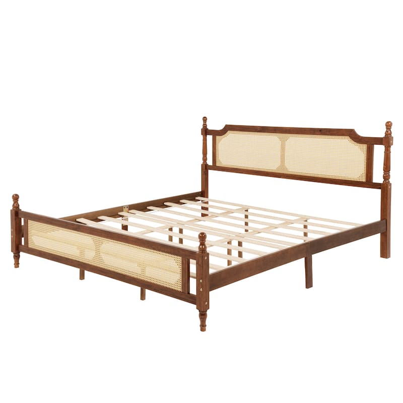 Low-profile Platform Bed with Rattan Headboard Footboard, Wood Slats and Central Enhanced Legs Support, No Box Spring Needed