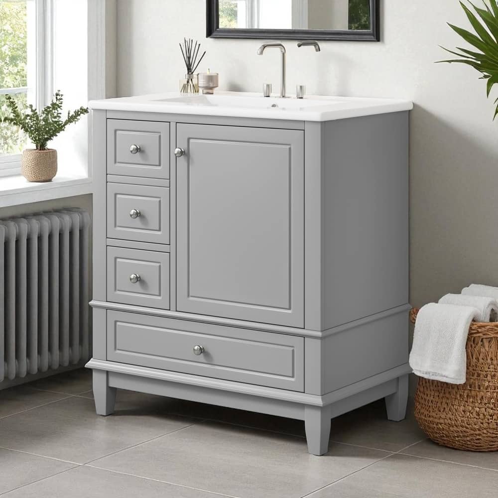 30 Inch Bathroom Vanity with Ceramic Sink, Freestanding Cabinet with 1 Door, Adjustable Shelf & 3 Drawers, Soft-Close Door