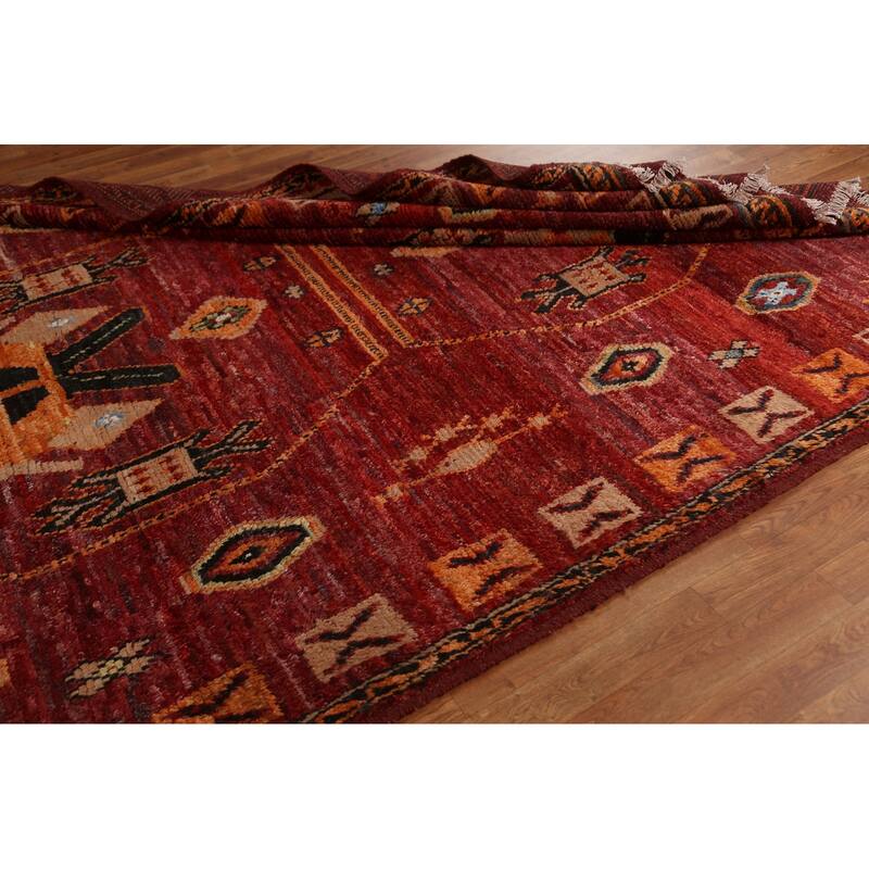 Hand Knotted Oriental 100% Wool Carpet Modern Tribal Red Moroccan Area Rug - 9' 10'' X 6' 11''