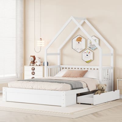 House Platform Bed with Guardrail and 2 Drawers