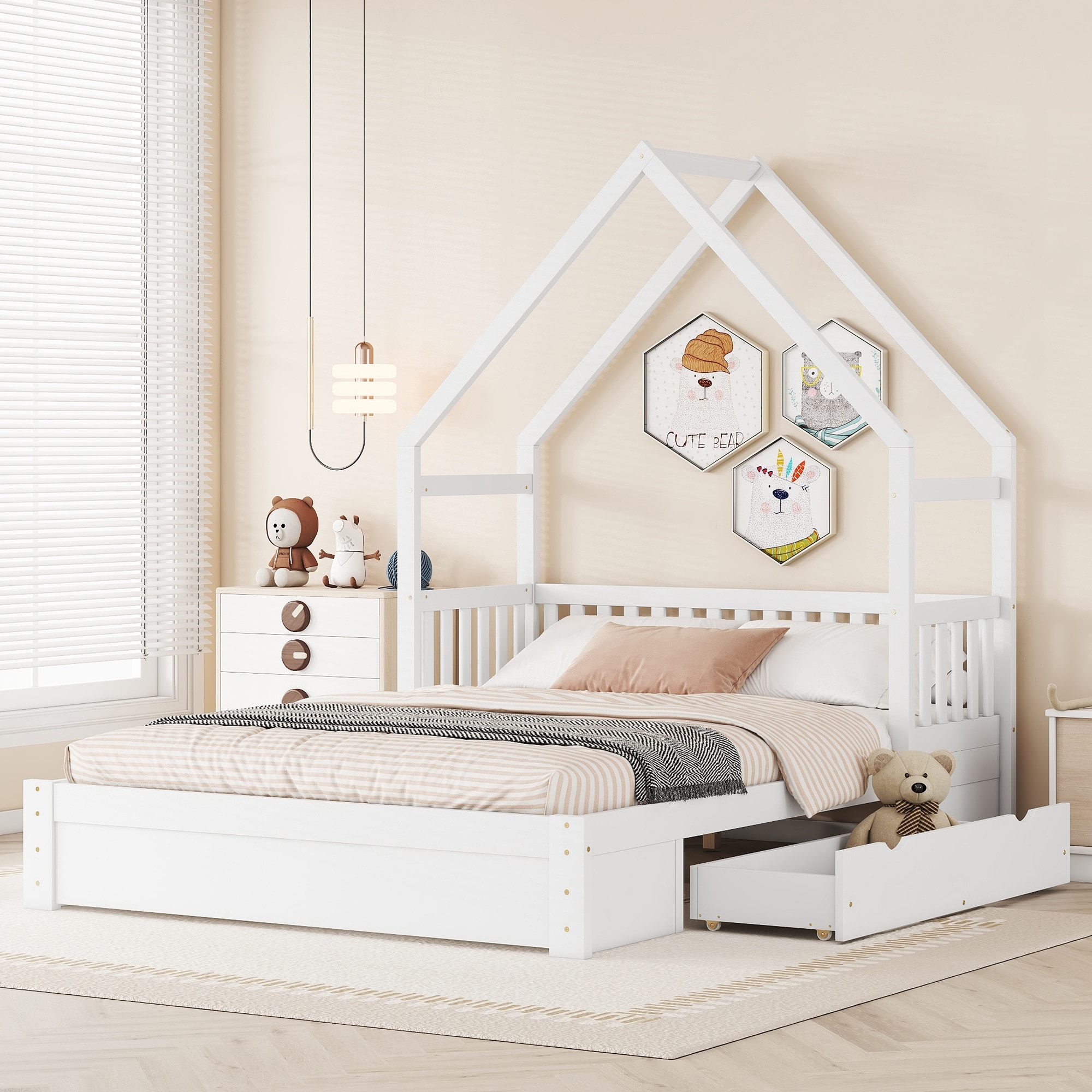 House Platform Bed with Guardrail and 2 Drawers