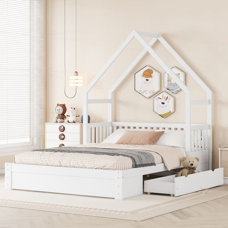 Queen Size House Platform Bed with Guardrail and Storage Drawers, White