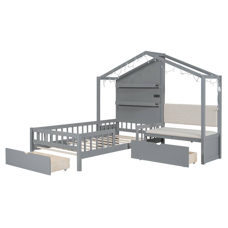 Twin Size House Bed with Upholstered Sofa, Charging Station, Wireless Charging, Shelves, and Drawers, Gray