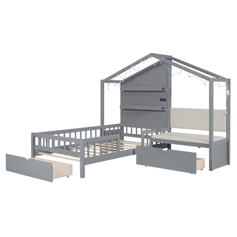 Twin Size House Bed with Upholstered Sofa, House Bed with Charging Station, Wireless Charging, Shelves and Two Drawers