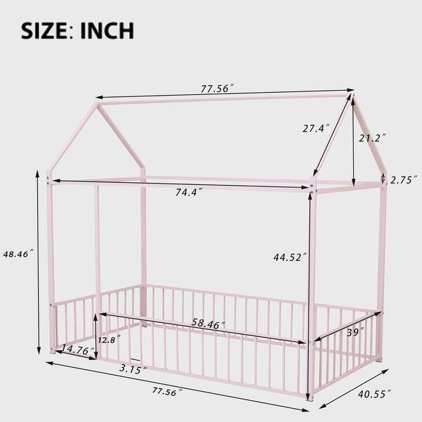 dimension image slide 1 of 3, Twin Size Metal Bed House Bed Frame with Fence