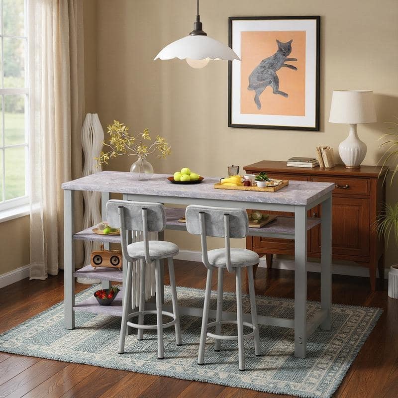 3-Piece Dining Room Table Set with 2 Upholstered Bar Stools, Modern Farmhouse Bar Table Set for 2 with Multiple Tier Shelves - Marble Gray/Gray/Gray Velvet