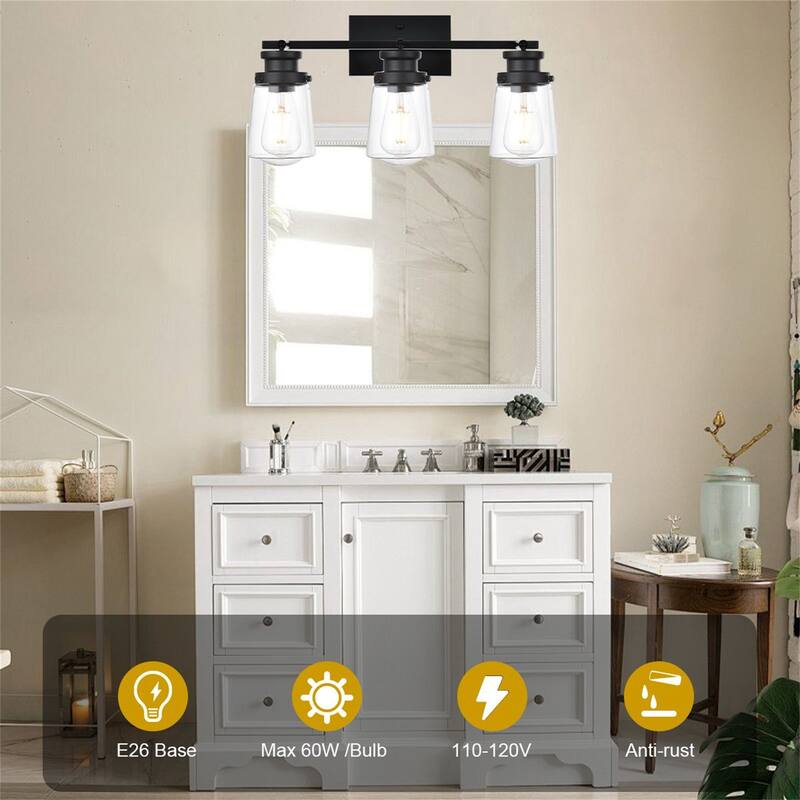 3-Light Black Wall Sconce with Clear Glass Shades
