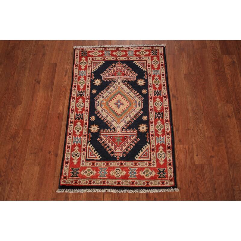 Dark Navy Blue Kazak Oriental Foyer Rug Hand-Knotted Wool Carpet - 2'0" x 3'0"