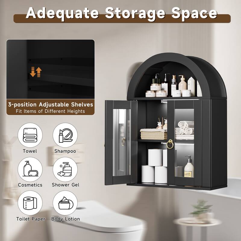 Wall Mounted Arched Cabinet with Glass Doors, Light and Adjustable Shelves for Laundry Room, Bathroom, Kitchen
