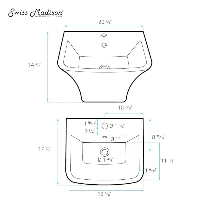 Charme 21" Wall-Mount Bathroom Sink - 20.9" x 17.5" 14.75"
