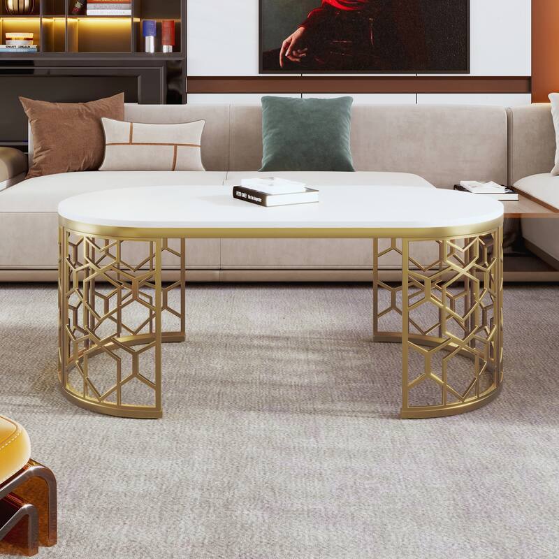 Modern Oval Coffee Table with Cut-Out Pattern - White