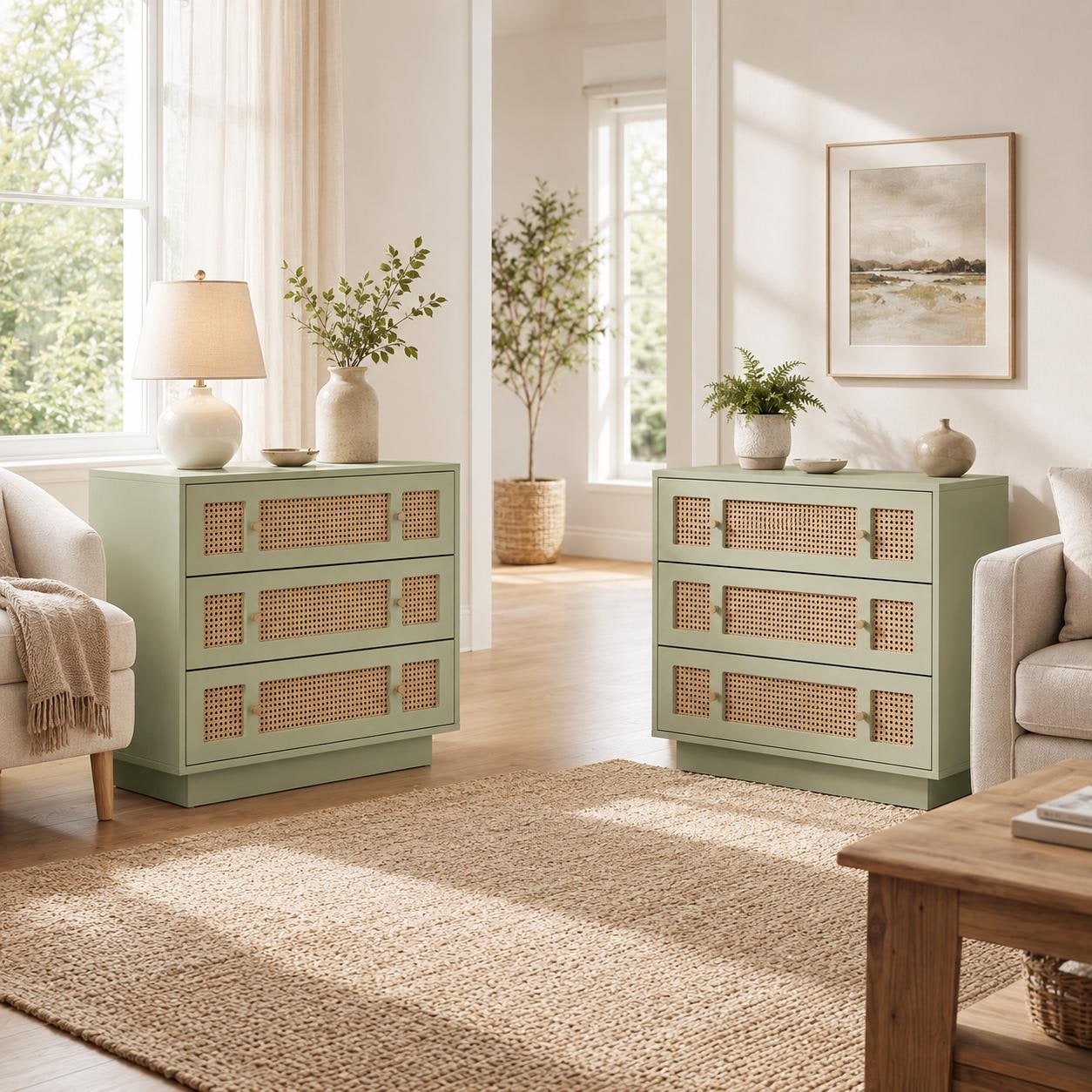 31.5-Inch Wide Rattan Nightstand with 3 Drawers, Mint Green