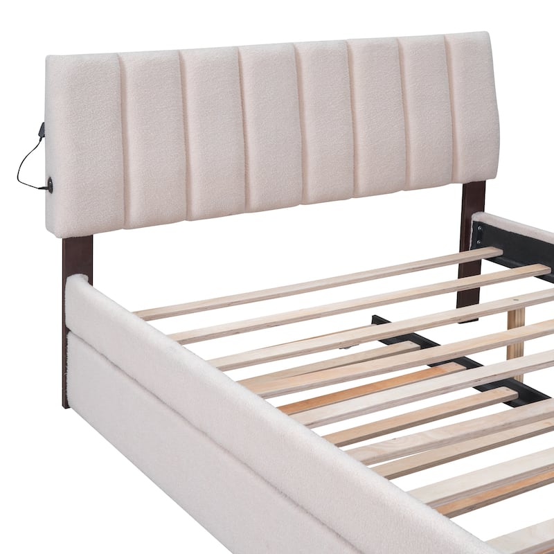 Full Size Upholstered Bed with Twin Trundle, Teddy Fleece Fabric, and Remote-Controlled LED Lights
