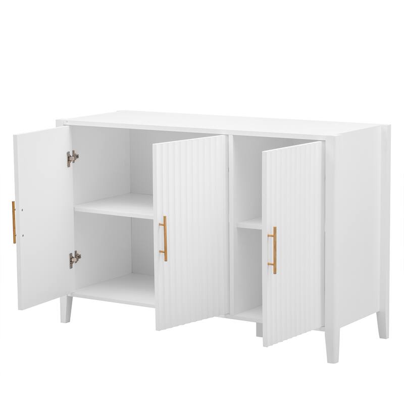 Roomfitters Sideboard Buffet Cabinet with 3 Door Mid-century Modern Fluted Accent Storage for Kitchen & Dining Room, White
