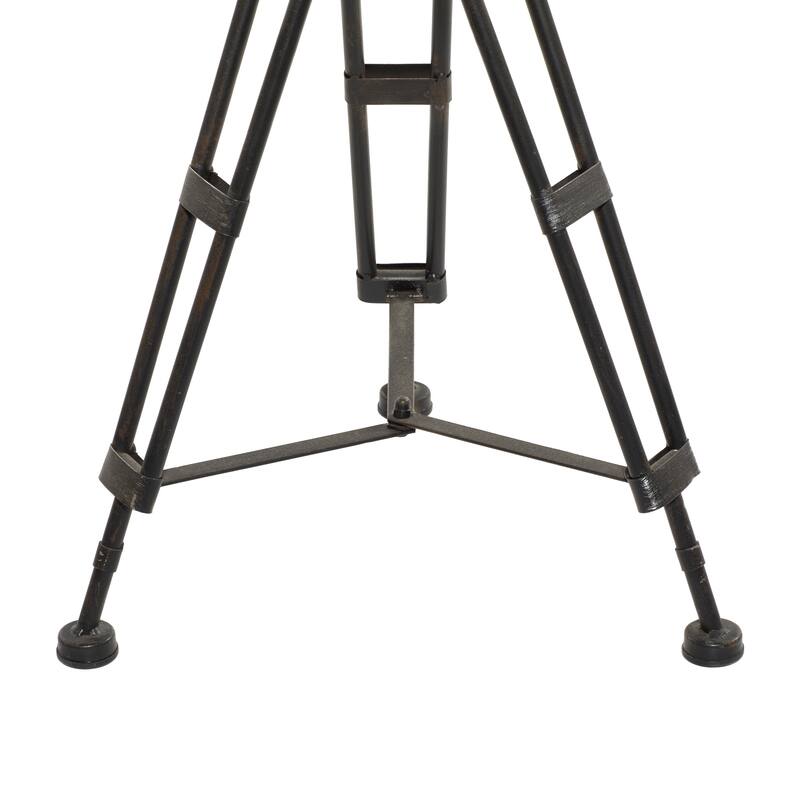 Black Metal Film Reel Accent Table with Tripod Legs and Glass Top