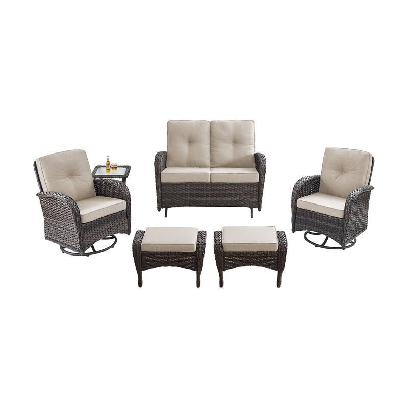 Pocassy 6 Pieces Glider Sofa with Swivel Chairs Ottomans Table