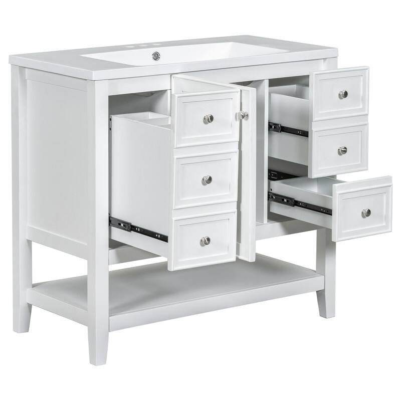 36" Bathroom Vanity with Ceramic Sink，Freestanding Bathroom Vanity Cabinet with 1 Door, 3 Storage Drawers and Adjustable Shelf