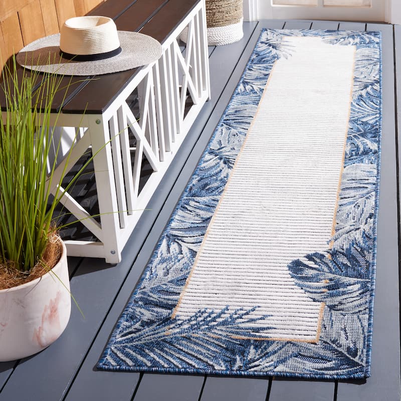 SAFAVIEH Cabana Raluca Indoor/ Outdoor Tropical Border Rug - 2' x 9' Runner - Ivory/Navy