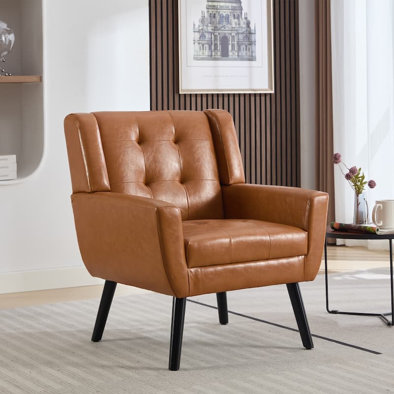 PU Leather Upholstered Accent Chair, Ergonomic Reading Side Chair, Single Sofa Chair with Curved Back & Wood Legs