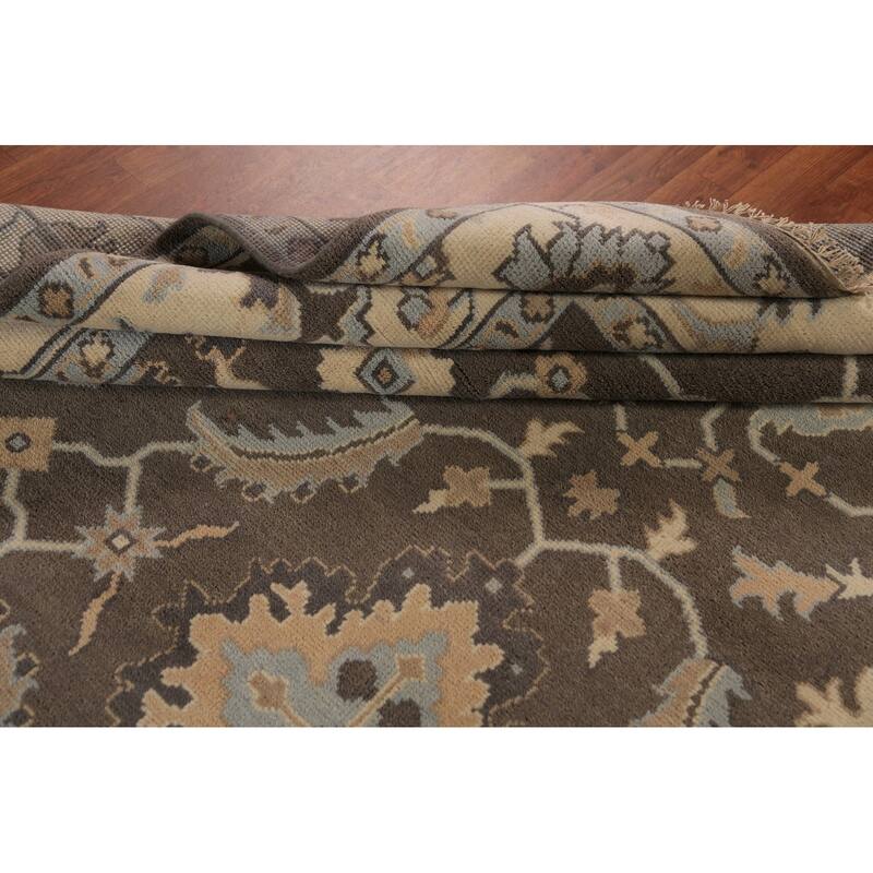 Brown Floral Oushak Indian Area Rug Hand-Knotted Wool Carpet - 9'0"x 11'10"