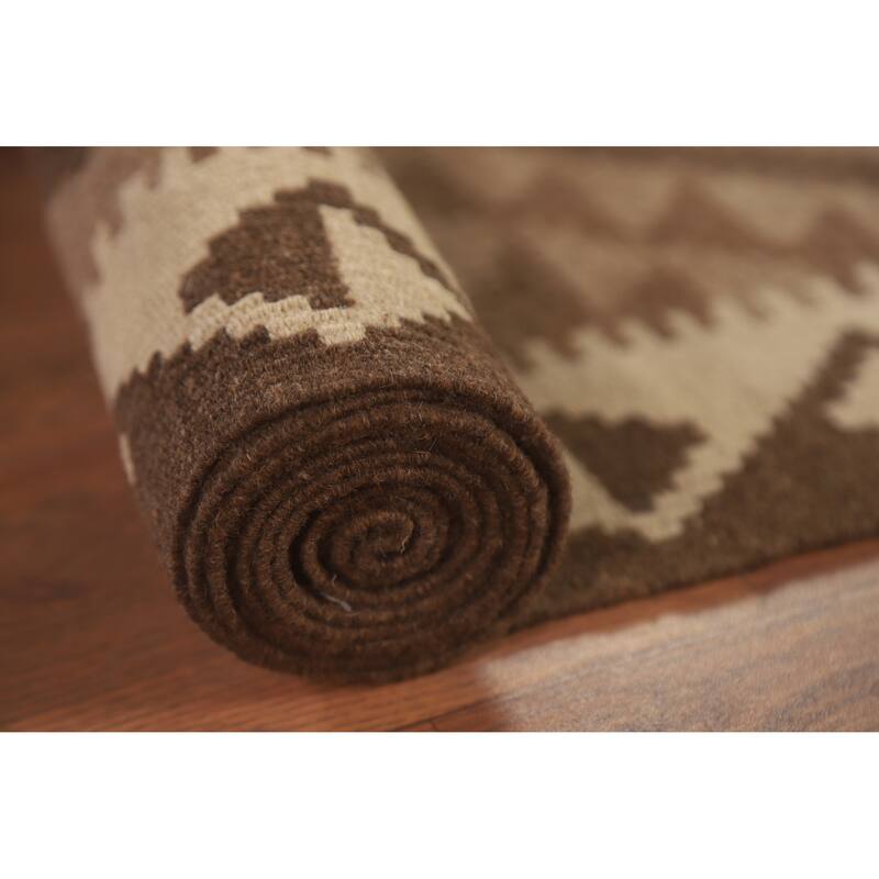 Hand Woven Oriental 100% Wool Carpet Southwestern Geometric Brown Kilim Area Rug - 9' 8'' X 6' 9''