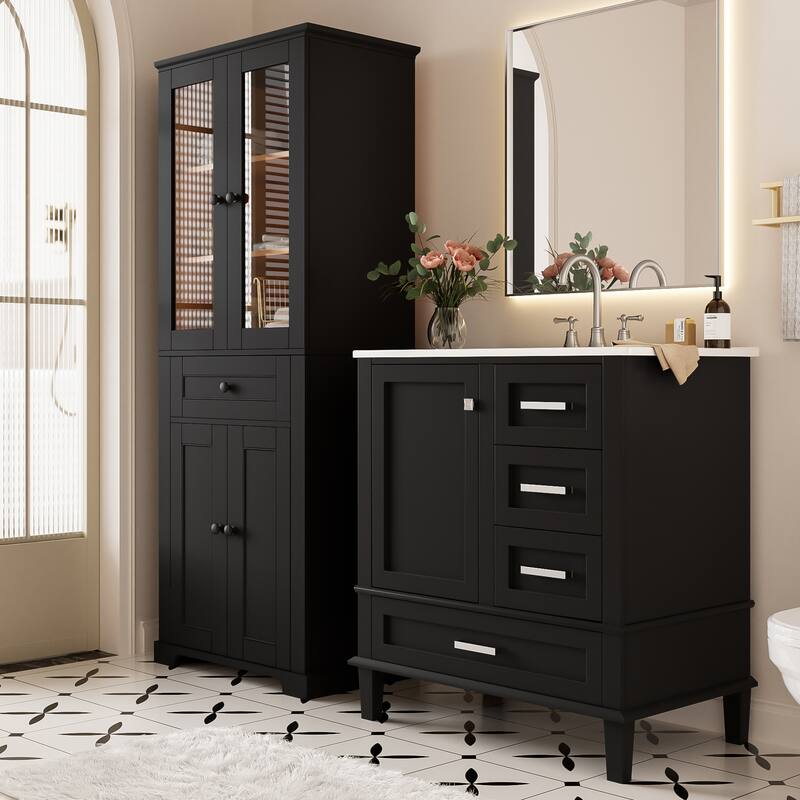 GDFStudio - Fernwell Multifunctional 2-Piece Bathroom Storage Set with Integrated Ceramic Sink Vanity & Tall Cabinet