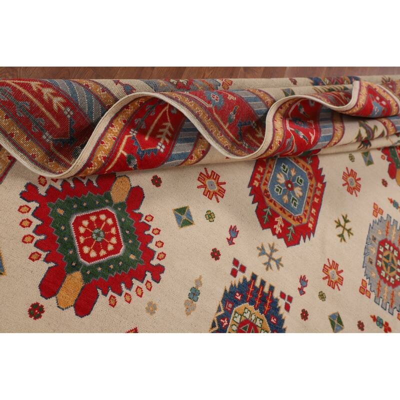 Geometric Beige / Ivory Kazak Area Rug Handmade Wool Carpet - 6'7" x 9'7"