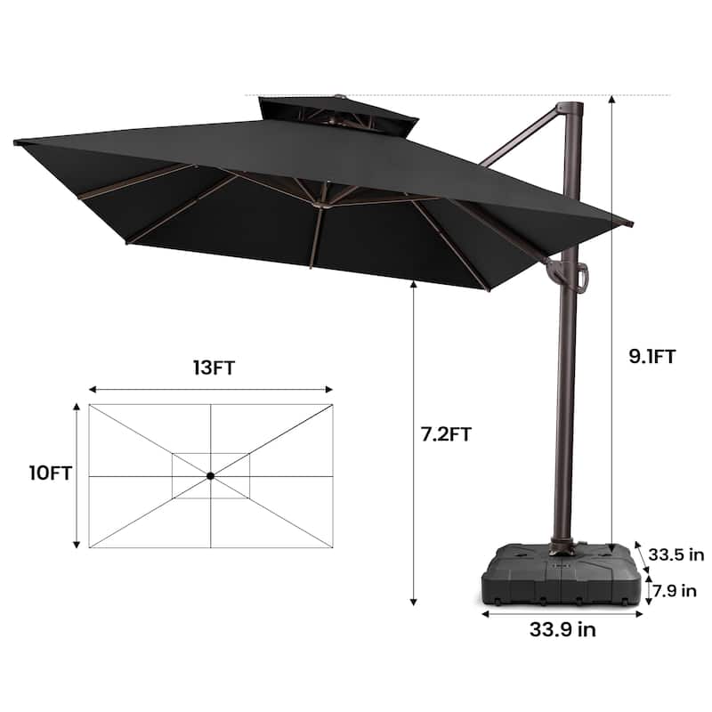 Pellebant 10FT x 13FT Outdoor Patio Offset Umbrella 360 degrees Rotation with Base