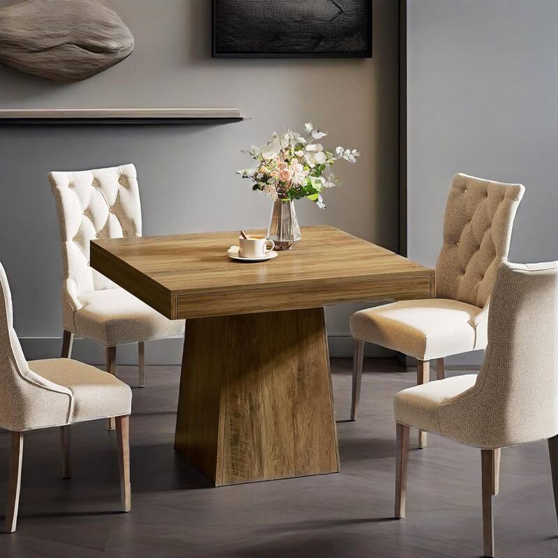 Rustic Farmhouse Square Dining Table 32 Inch Brown Wood Grain for 4 People with Heavy Duty Pedestal Base