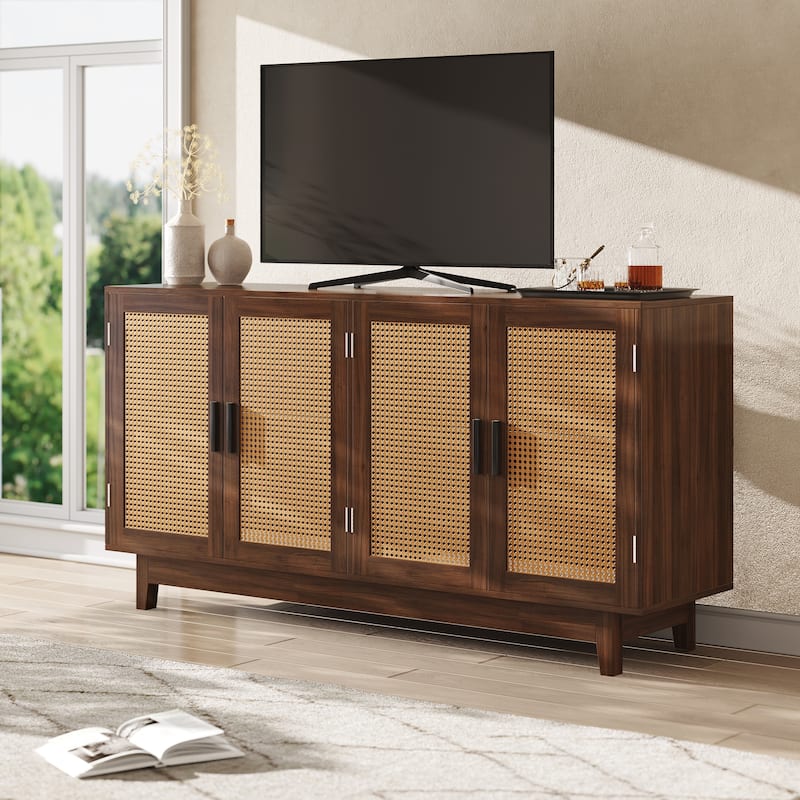 Wood TV Stand for up to 60" TVs with Four Rottan Doors - Espresso