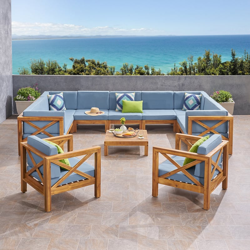 Brava Outdoor 11 Seater Acacia Wood Sectional Sofa and Club Chair Set by Christopher Knight Home