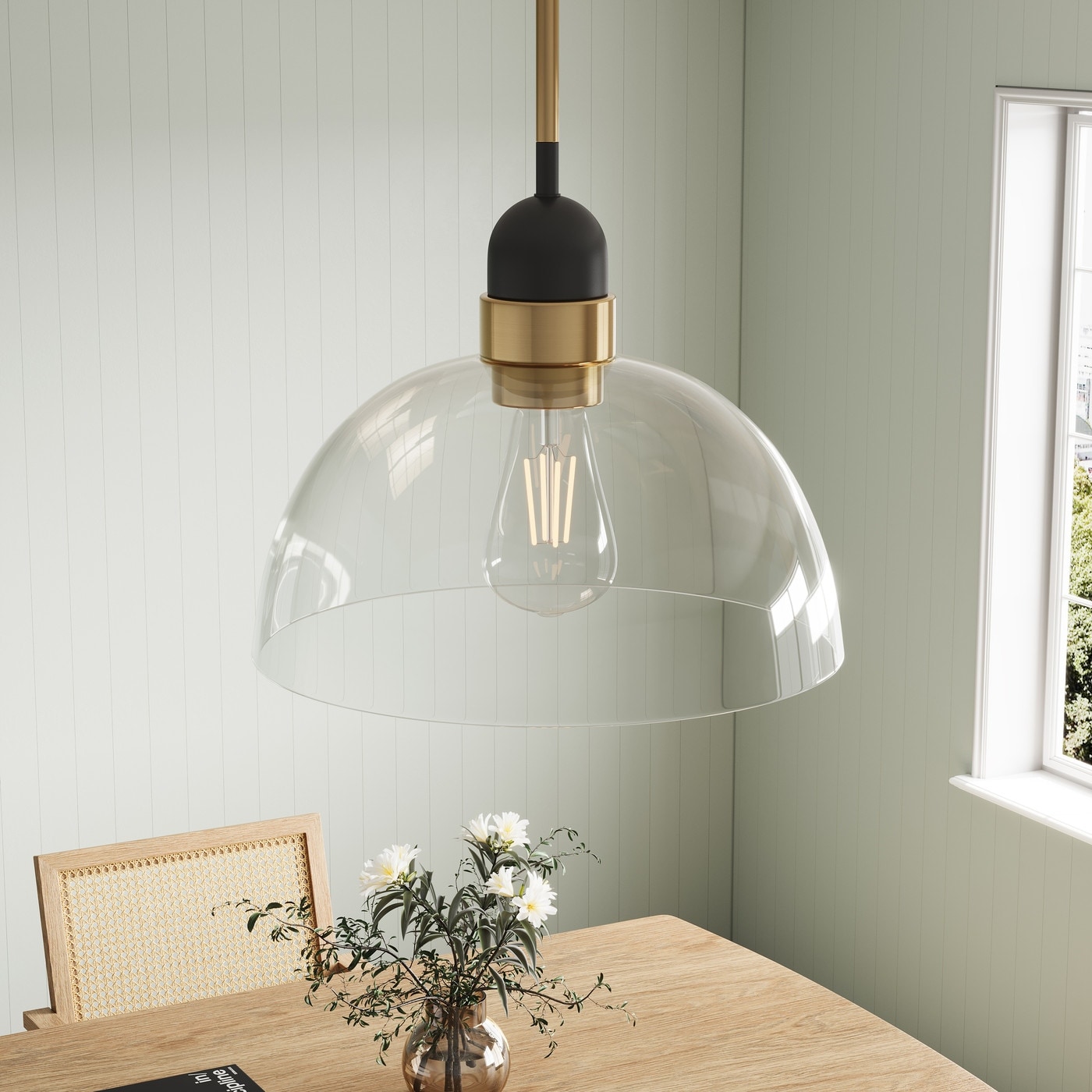 Industrial Matte Black Glass Shade Pendant Light with Brass Finish