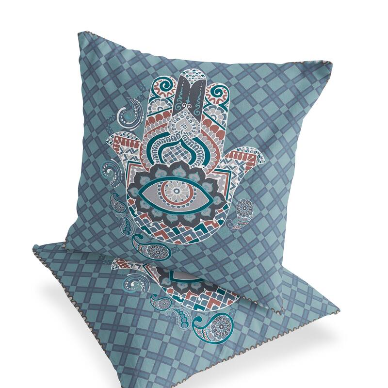 HomeRoots Set of Two 16" X 16" Blue and White Blown Seam Hamsa Indoor Outdoor Throw Pillow - 16.00' X '16.00' X '5.00