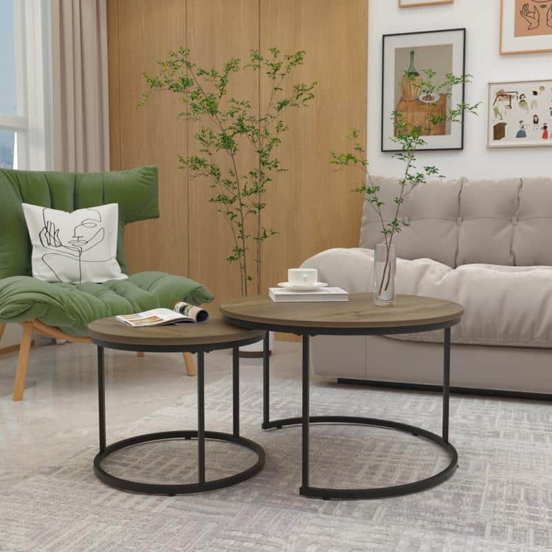 Round Nesting Coffee Table Set of 2 with Marble Pattern Top & Metal Frame