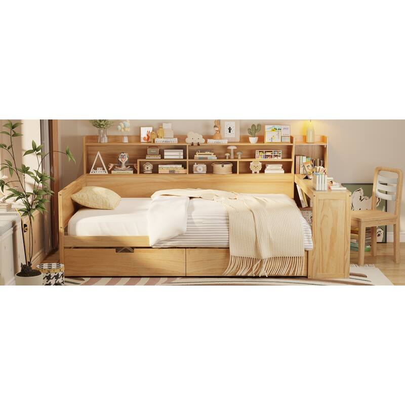 Wooden Daybed with Storage Shelves, Multi-functional Bed with Two Storage Drawers and Study Desk