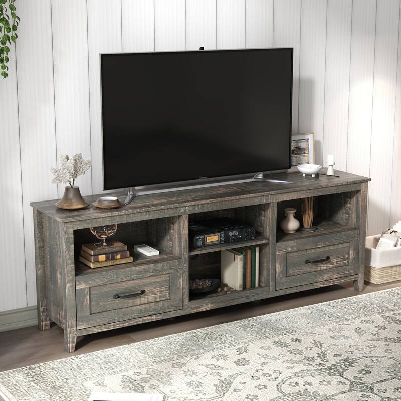Contemporary TV Stand with 4 Open Storage Compartments and 2 Drawers, Fits 60 TVs, 70 W.