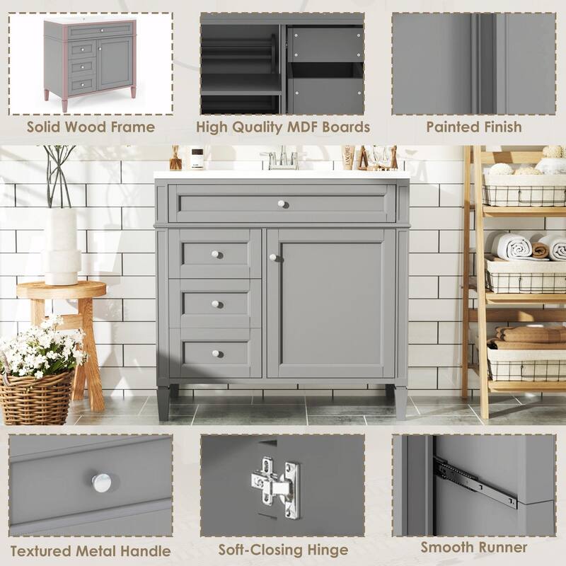 36'' Bathroom Vanity with Top Sink, 3 Drawers for Stylish Storage