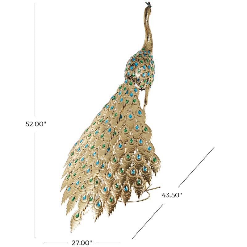 Metal Peacock Garden Sculpture with Blue and Green Jewels - Brass - Roche River Decor